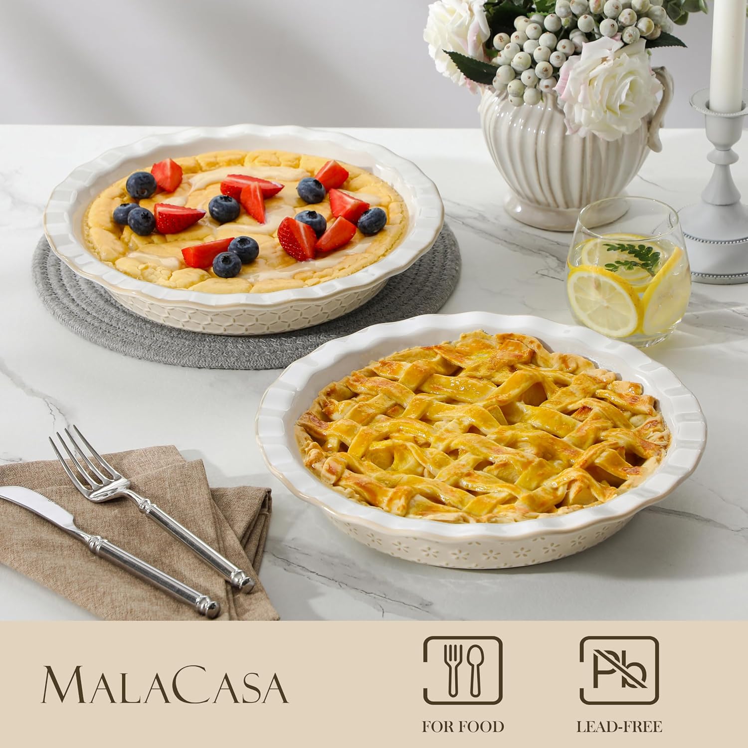 MALACASA 9 Inch Pie Pan, Embossed Deep Dish Plate, 45 OZ Round Quiche Baking Dish for Oven, Fluted for Apple Pie and Quiche, Set of 2, Series LYDIA