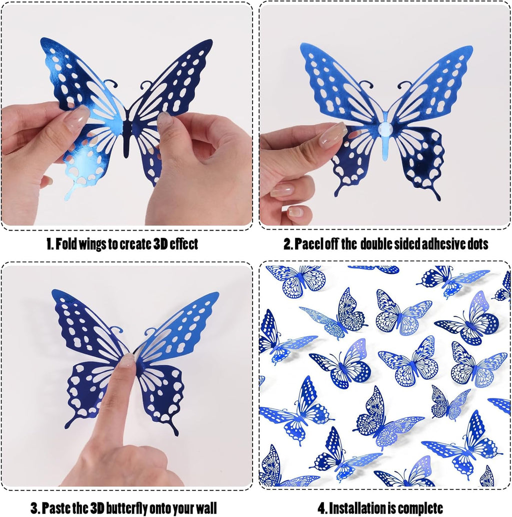 SAOROPEB Butterfly Wall Stickers, 48 Pcs 4 Styles 3 Sizes, Metallic Paper, Removable, Navy Blue, Art Deco Decor for Wall