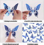 SAOROPEB Butterfly Wall Stickers, 48 Pcs 4 Styles 3 Sizes, Metallic Paper, Removable, Navy Blue, Art Deco Decor for Wall