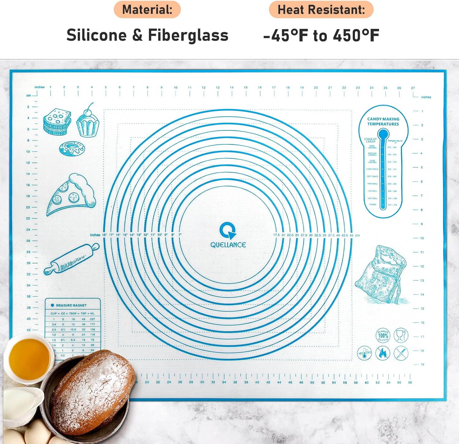 Silicone Baking Mat with Measurements, Pastry Mat for Rolling Dough, Fondant Mat Sheet for Pizza and Cookies, Pie Crust, Oven Liner, Counter Mat, 24''(W)32''(L) Blue