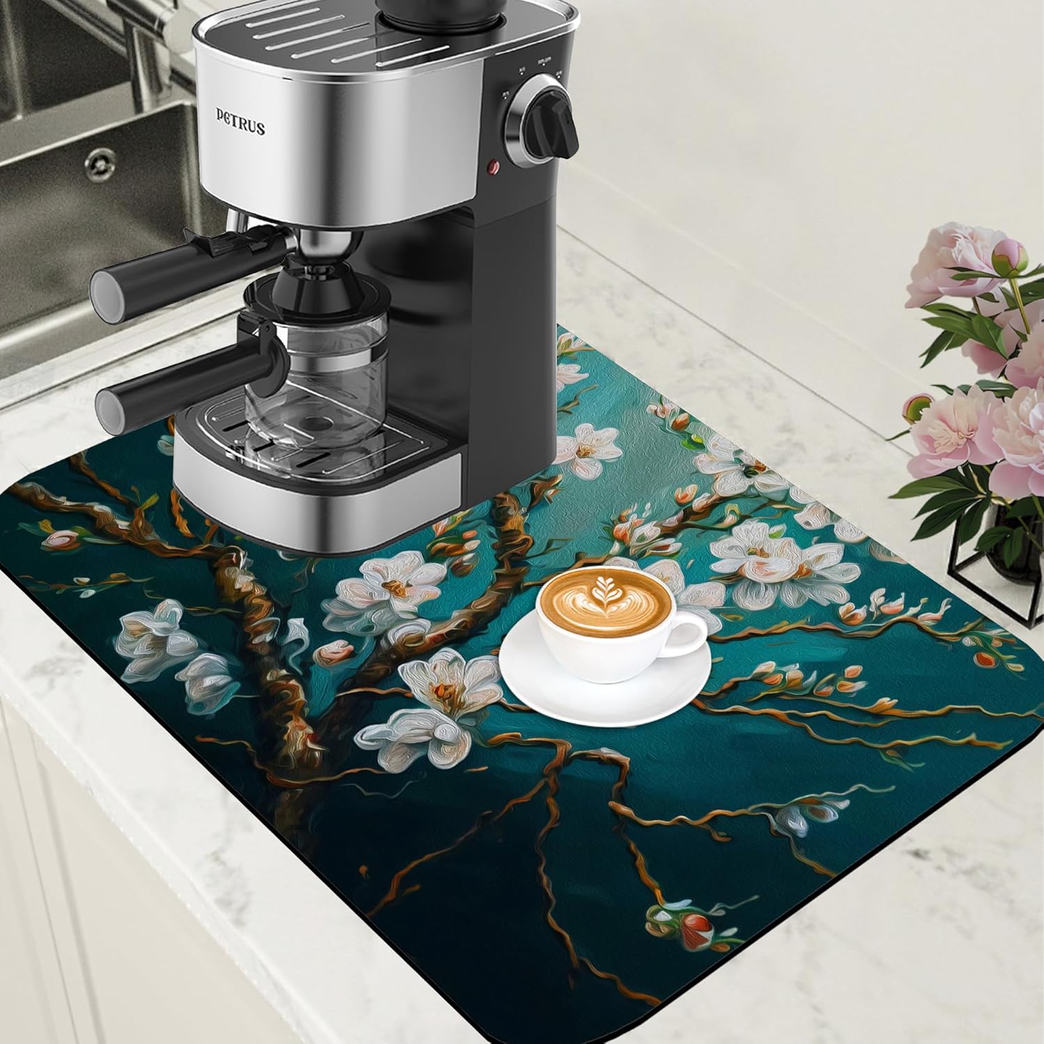 Blossoming Almond Tree Dish Drying Mat for Kitchen Counter Bar Mat Hide Stain Absorbent Rubber Backed Coffee Mat Coffee Maker Espresso Machine Bar Accessories 15.7 x 23.6 Inch