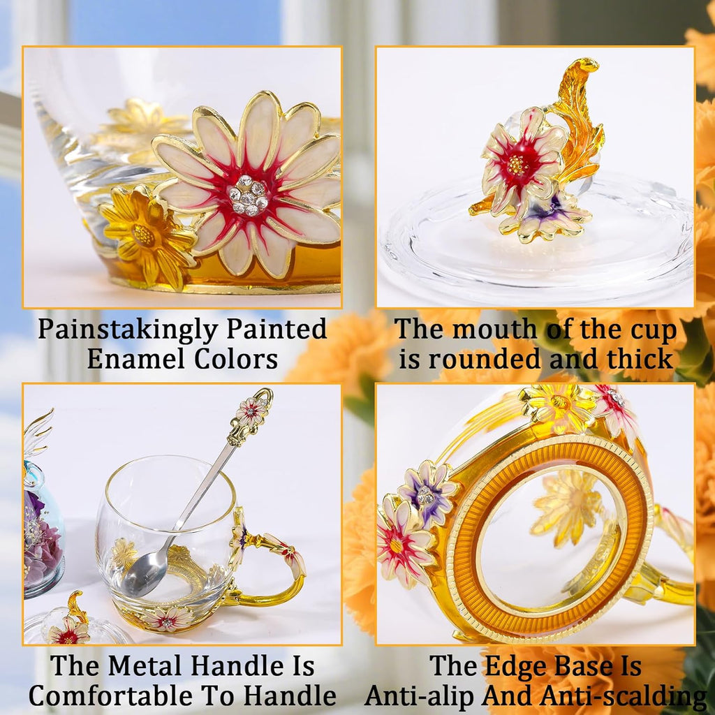 ANLUNOB Preserved Flower Rose in Angle Tea Coffee Mug with Spoon Artisan Enamel Glass Tea Cup Elegant Floral Design Birthday Anniversary Mother Day Valentines Gifts for women mom grandma friends