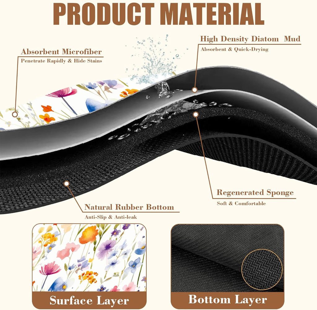 Watercolor Floral Meadow Coffee Mat Absorbent Dish Drying Mat for Kitchen Counter Hide Stain Rubber Backed Coffee Bar Accessories Fit Under Espresso Machine Dish Drainer, 11.8 x 19.7 Inch