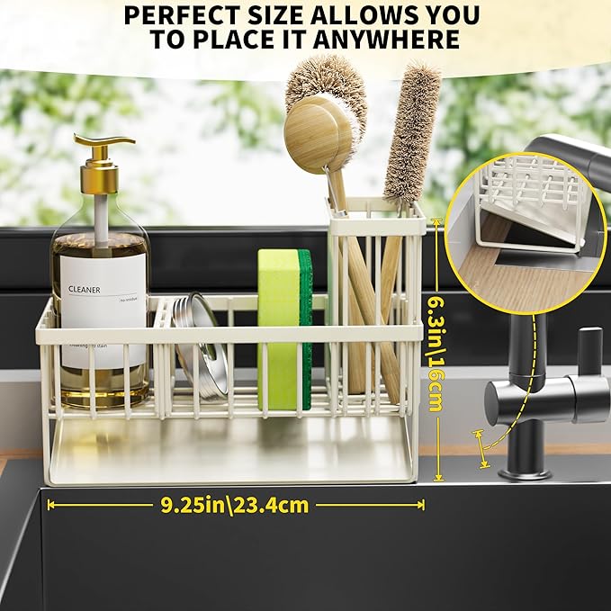 Cisily Off White Sponge Holder for Kitchen Sink, Sink Caddy Organizer with High Brush Holder, Kitchen Countertop Rustproof 304 Stainless Steel, Soap Dispenser Kitchen Organizers and Storage Essentials