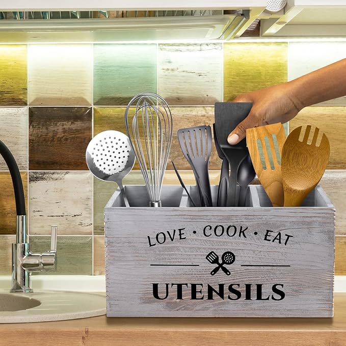 Utensil Holder with 3 Compartments, Rustic Wood Utensil Caddy Crocks for Kitchen Counter, Farmhouse Flatware Organizer Storage Box for Silverware Fork Spoon Spatula