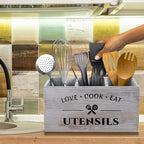 Utensil Holder with 3 Compartments, Rustic Wood Utensil Caddy Crocks for Kitchen Counter, Farmhouse Flatware Organizer Storage Box for Silverware Fork Spoon Spatula