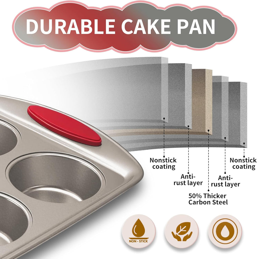 Muffin Pan 6-Cup, 2-Pack Nonstick 6 Tin Cupcake Pan with Silicone Grip Handles, Toaster Oven Baking Supplies Small Cheesecake Cup Cake Tray- Non-toxic & Dishwasher Safe