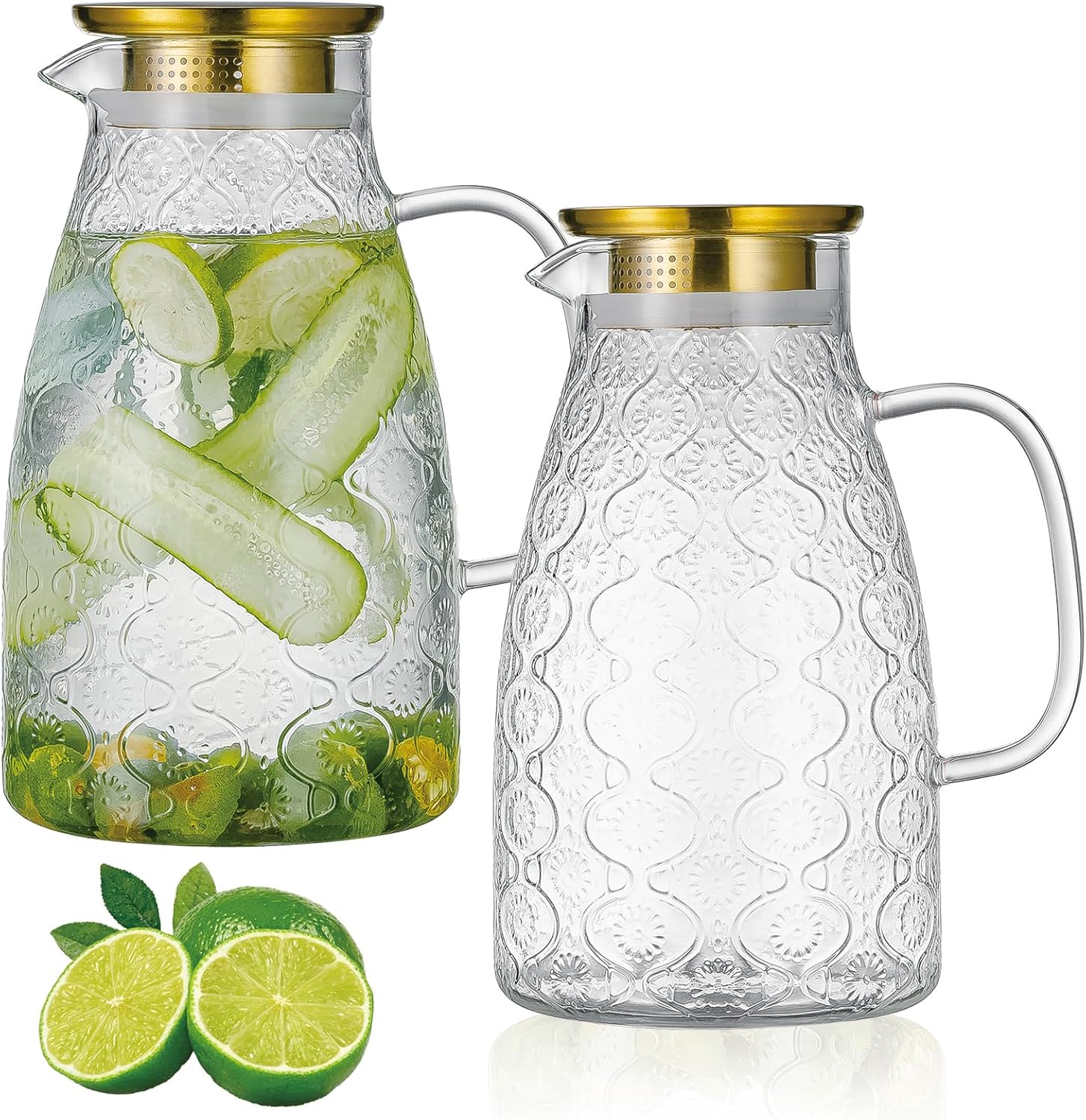 Glass Pitcher with Lid and Handle, 2 PACK 68 oz/2 Liter Vintage Flower Design Fridge Water Pitcher, Borosilicate Glass Water Carafe for Hot/Cold Water,Coffee,Iced Sun Tea,Heat Resistant