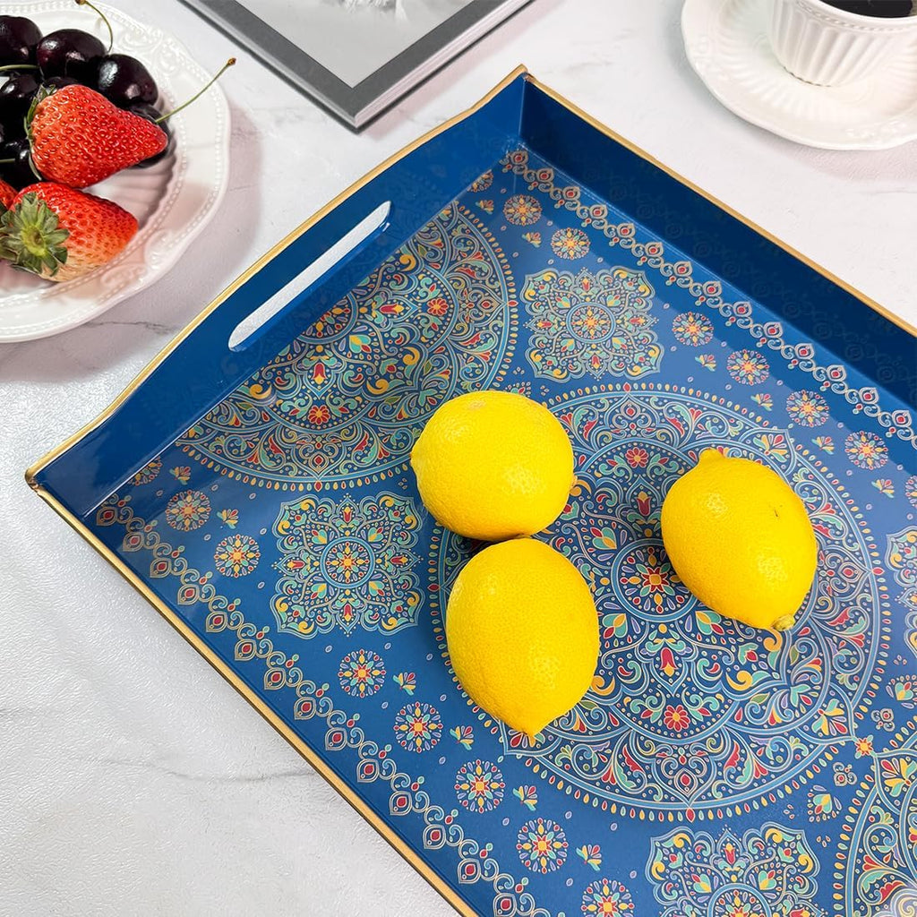 Boho Blue Decorative Tray, Serving Tray with Handles, Plastic Tray for Coffee Table, Ottoman - Ideal for Living Room & Bathroom. 15” x 11” x 2.5”