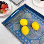Boho Blue Decorative Tray, Serving Tray with Handles, Plastic Tray for Coffee Table, Ottoman - Ideal for Living Room & Bathroom. 15” x 11” x 2.5”