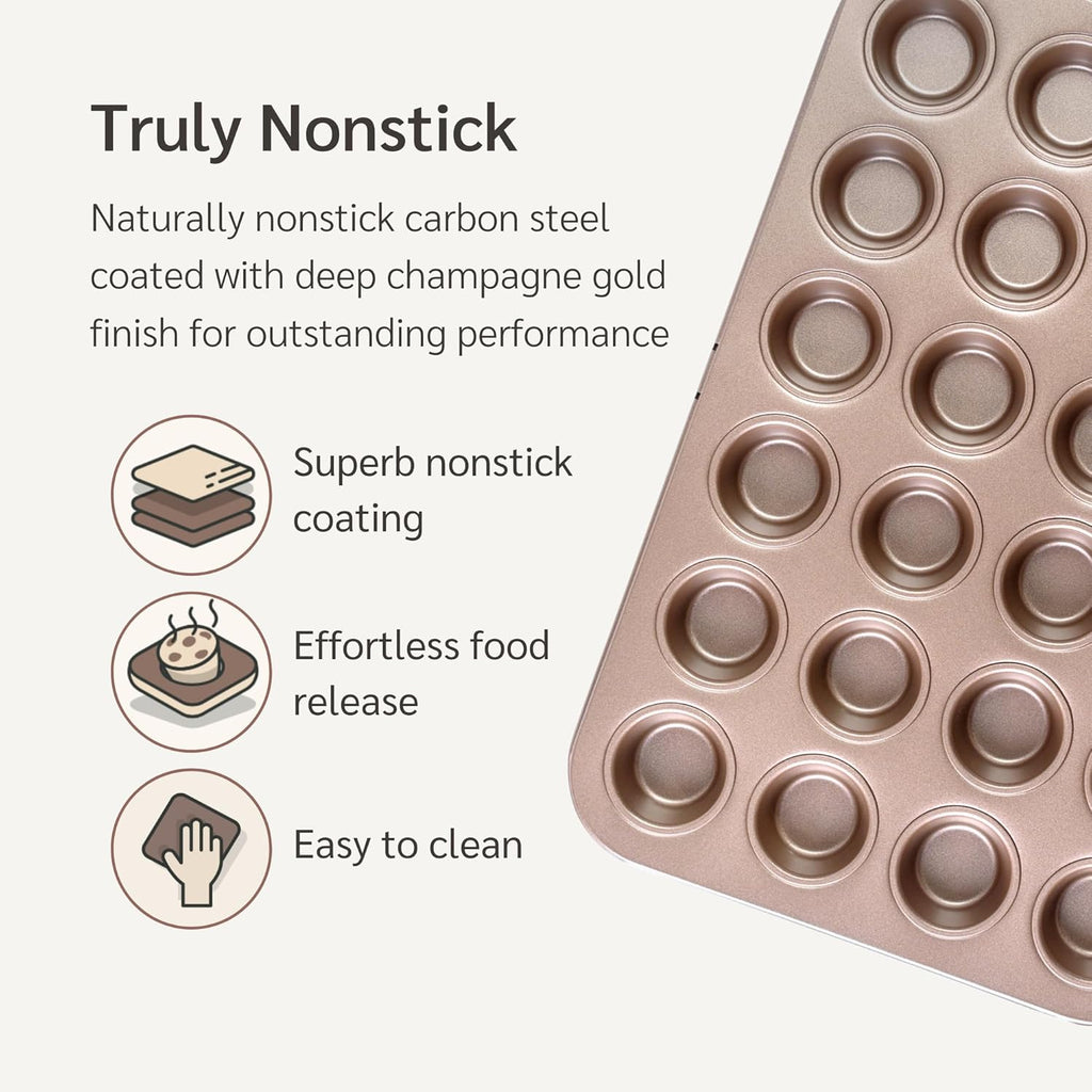 Non Toxic Nonstick 24 Cup Mini Muffin Pan | PFOA BPA free Nontoxic Mini Cupcake Tin | Best Non Stick Muffin Pans | Carbon Steel Small Muffin tins | Cupcakes Bakeware Mold