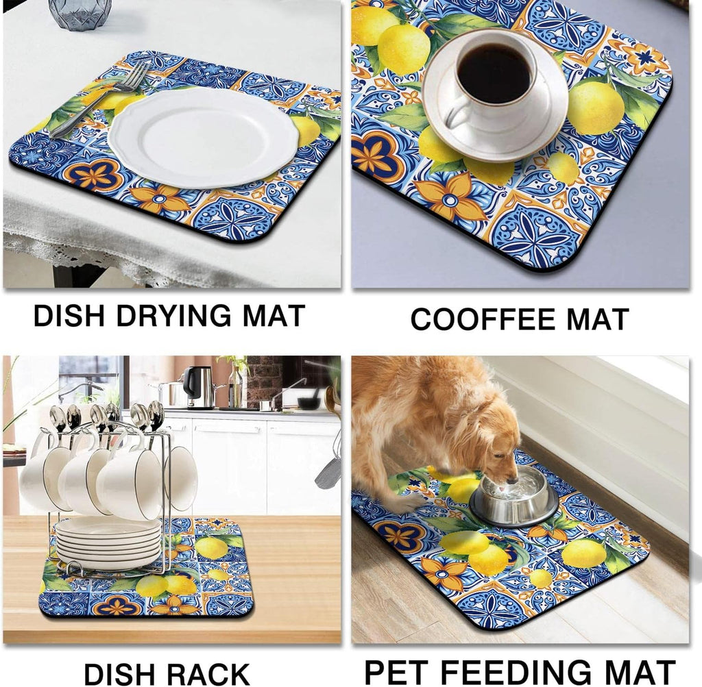 Rubber Dish Drying Mat for Kitchen Counter Large Lemon Washable Quick Home Coffee Pad Fit Under Sink,Bar,Utensils 16x18in