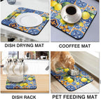 Rubber Dish Drying Mat for Kitchen Counter Large Lemon Washable Quick Home Coffee Pad Fit Under Sink,Bar,Utensils 16x18in