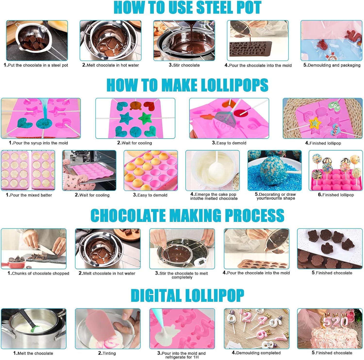 Cake Pop Maker Kit 618Pcs with 5 Silicone Mold Sets - 3 Tier Display Stand, Chocolate Candy Melting Pot,Piping Tips and Coupler, Measuring Cup, Muffin Cupcakes, Decorating Pen, Lollipop Sticks