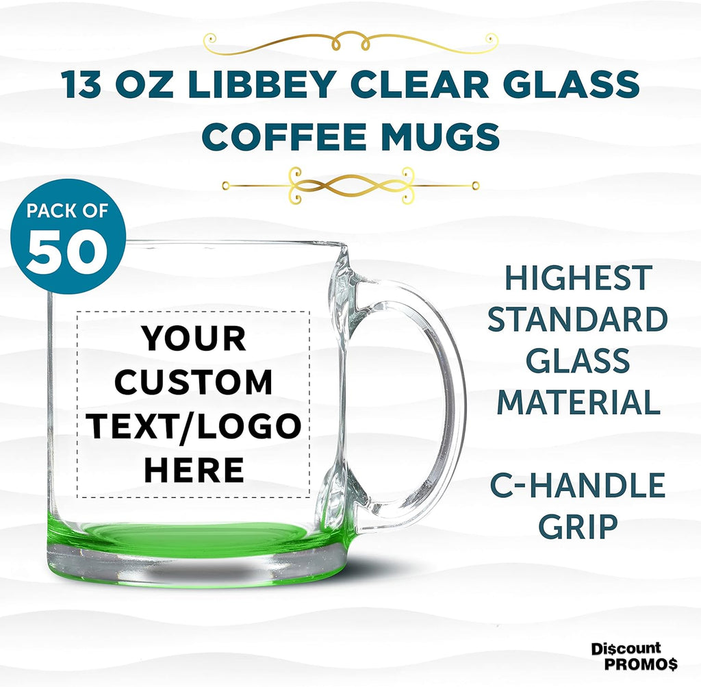 Custom Libbey Clear Glass Coffee Mugs 13 oz. Set of 50, Personalized Bulk Pack - Perfect for Coffee, Tea, Espresso, Hot Cocoa, Other Beverages - Green Bottom