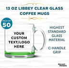 Custom Libbey Clear Glass Coffee Mugs 13 oz. Set of 50, Personalized Bulk Pack - Perfect for Coffee, Tea, Espresso, Hot Cocoa, Other Beverages - Green Bottom