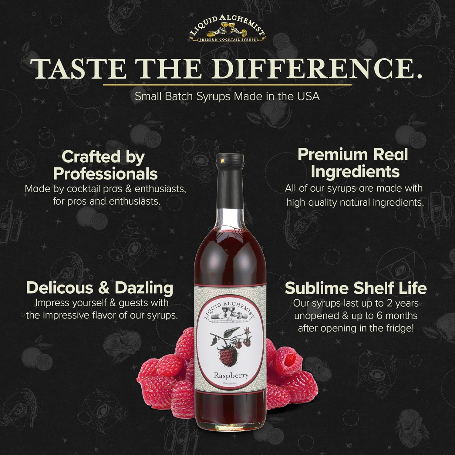 Liquid Alchemist Raspberry Syrup for Drinks - Real Ingredients Make the Perfect Summer Cocktail or Margarita Mix - Our Raspberry Cocktail Syrup is Non-GMO & Vegan (12 oz)