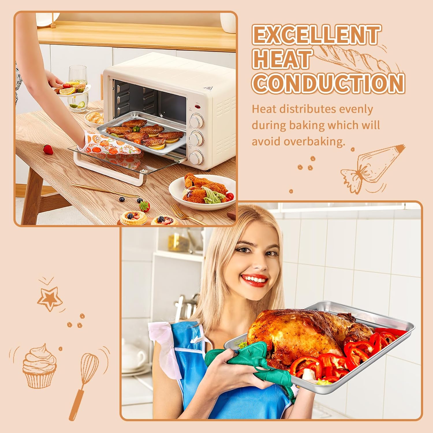 Stainless Steel Baking Sheet Set of 2, Deedro Cookie Sheet Metal Baking Pan Oven Tray, Non Toxic & Heavy Duty, Rust Free & Mirror Finish, Easy Clean & Dishwasher Safe, 12 x 10 x 1 Inch