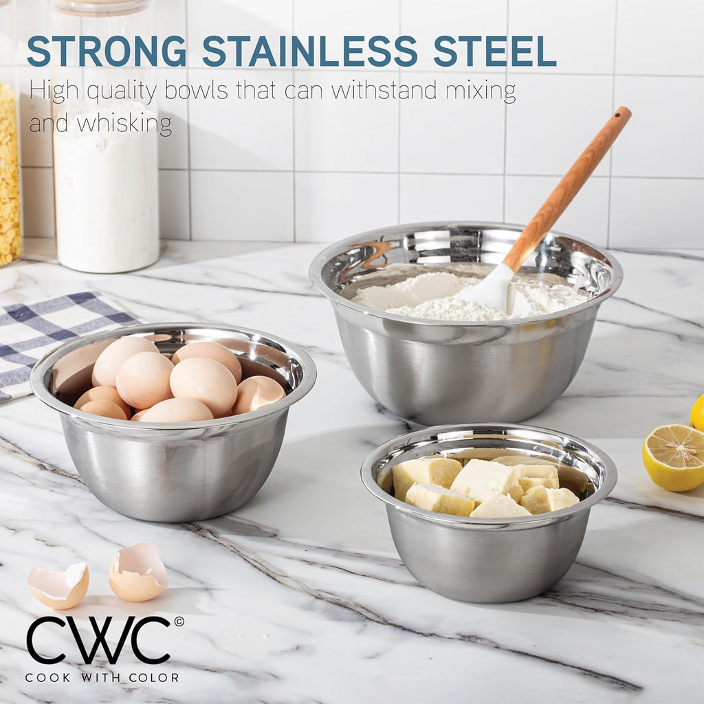 COOK WITH COLOR Stainless Steel Mixing Bowls Set - Nesting Bowls with Non-Slip Bottom and Easy-Grip Handles, Silver, 12 Pieces
