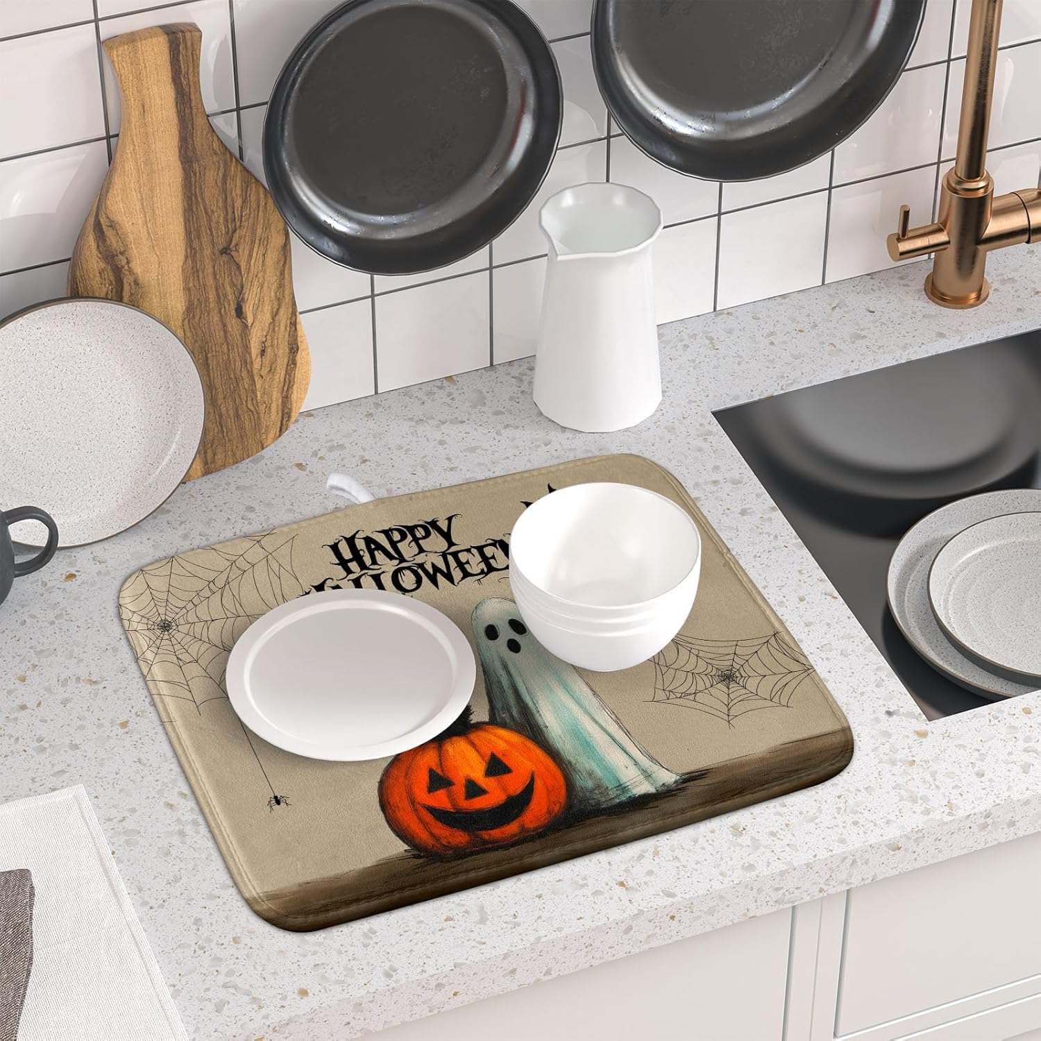 Happy Halloween Black Cat Ghost Dish Drying Mat for Kitchen Counter,Halloween Pumpkin Spiderweb Bat Drying Mat 16 x 18 Inch with High Absorbent Microfiber Drainer Mat for Coffee Bar