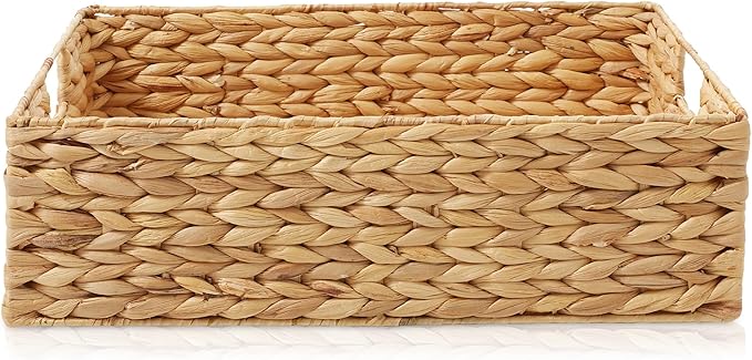 Casafield Set of 4 Water Hyacinth Pantry Baskets, 12-1/2" x 17" x 5", with Chalkboard Labels and Chalk Marker - Natural, Woven Storage Bin Organizers for Kitchen Shelves