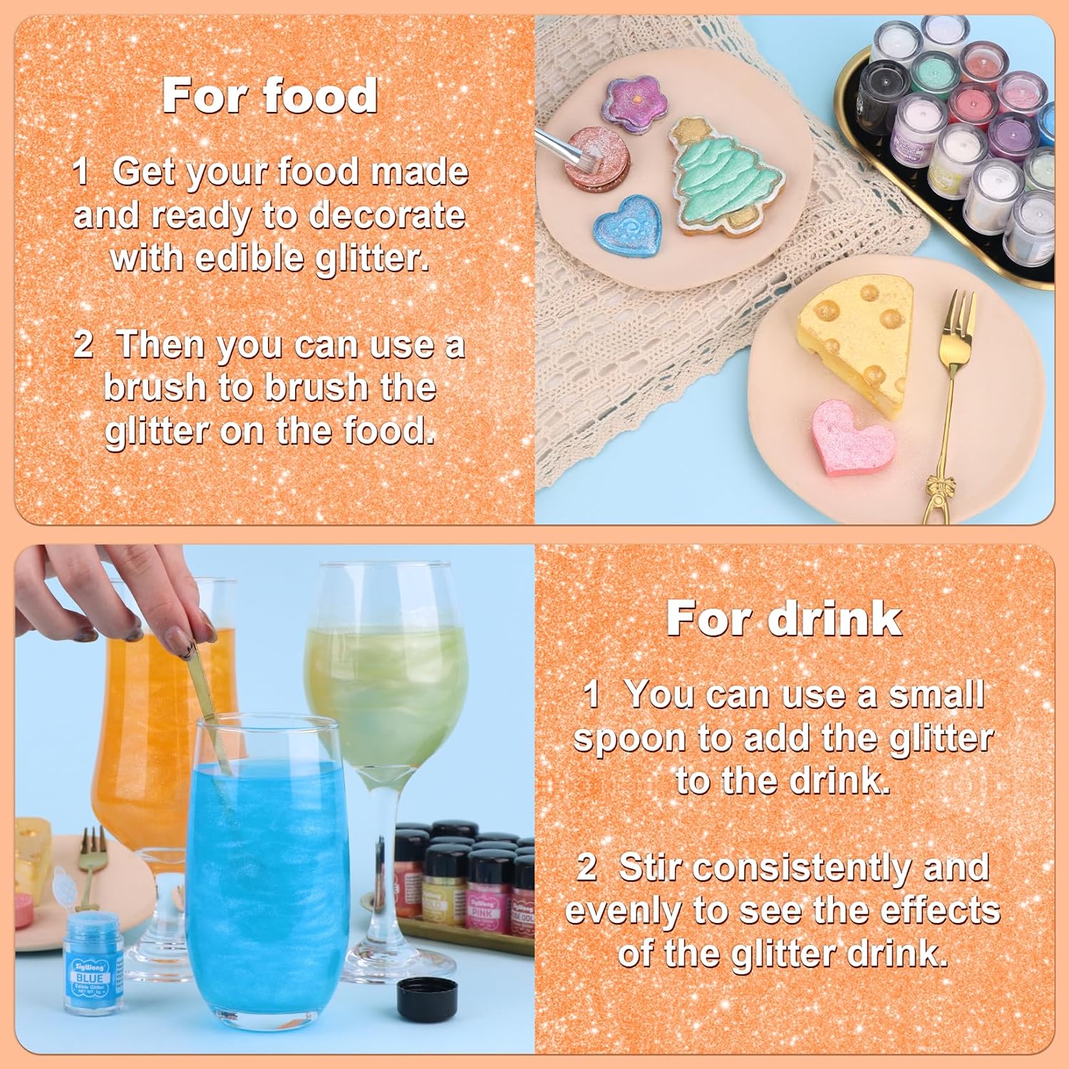 Orange Edible Glitter - 5g Food Grade Cake Decorating Shimmering Glitter, Edible Sprinkle Luster Dust for Drinks, Chocolates, Fondant, Strawberries, Cupcakes, Candy, Cookie - Vegan