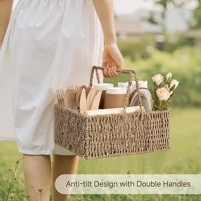 StorageWorks Wicker Silverware Organizer with Handle, Seagrass Kitchen Utensil Holder, Large Utensil Holder for Kitchen Counter, Spoon Forks Knife Cutlery Caddy, Paper Plate Dispenser for Countertop