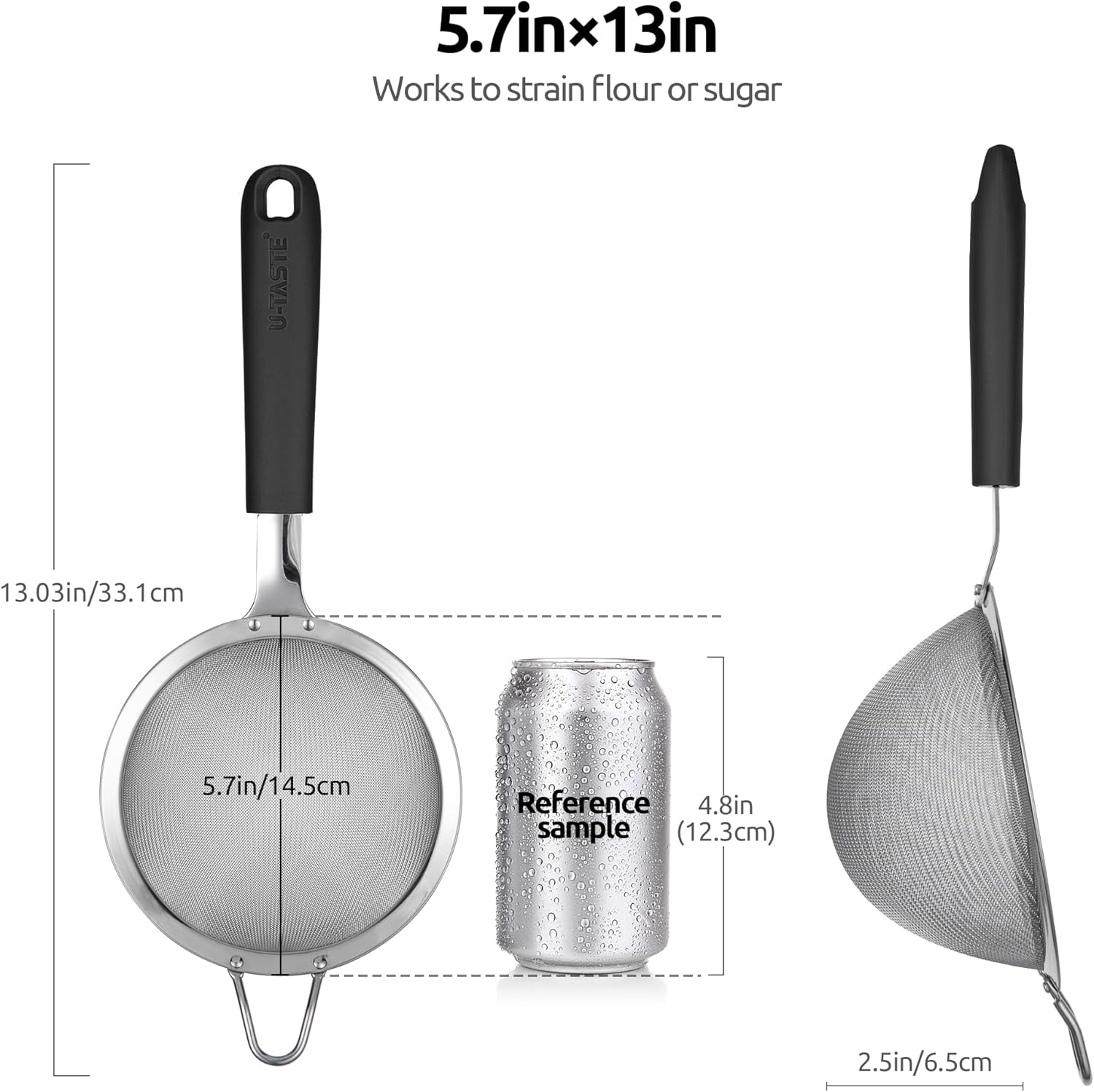 18/8 Stainless Steel Mesh Strainer: U-Taste 5.5 Inch Kitchen Fine Mesh Sieve Food Colander with Riveted Sturdy Silicone Handle and 30 Mesh Hole for Straining Flour, Pasta, Fruit, Quinoa (Black)