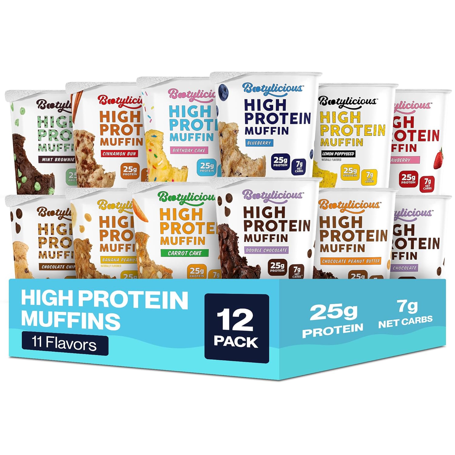 Bootylicious | High-Protein Muffin | 25g Protein, 7g Net Carbs, 2.32-2.75oz Cup, 12-Pack (Variety Pack)
