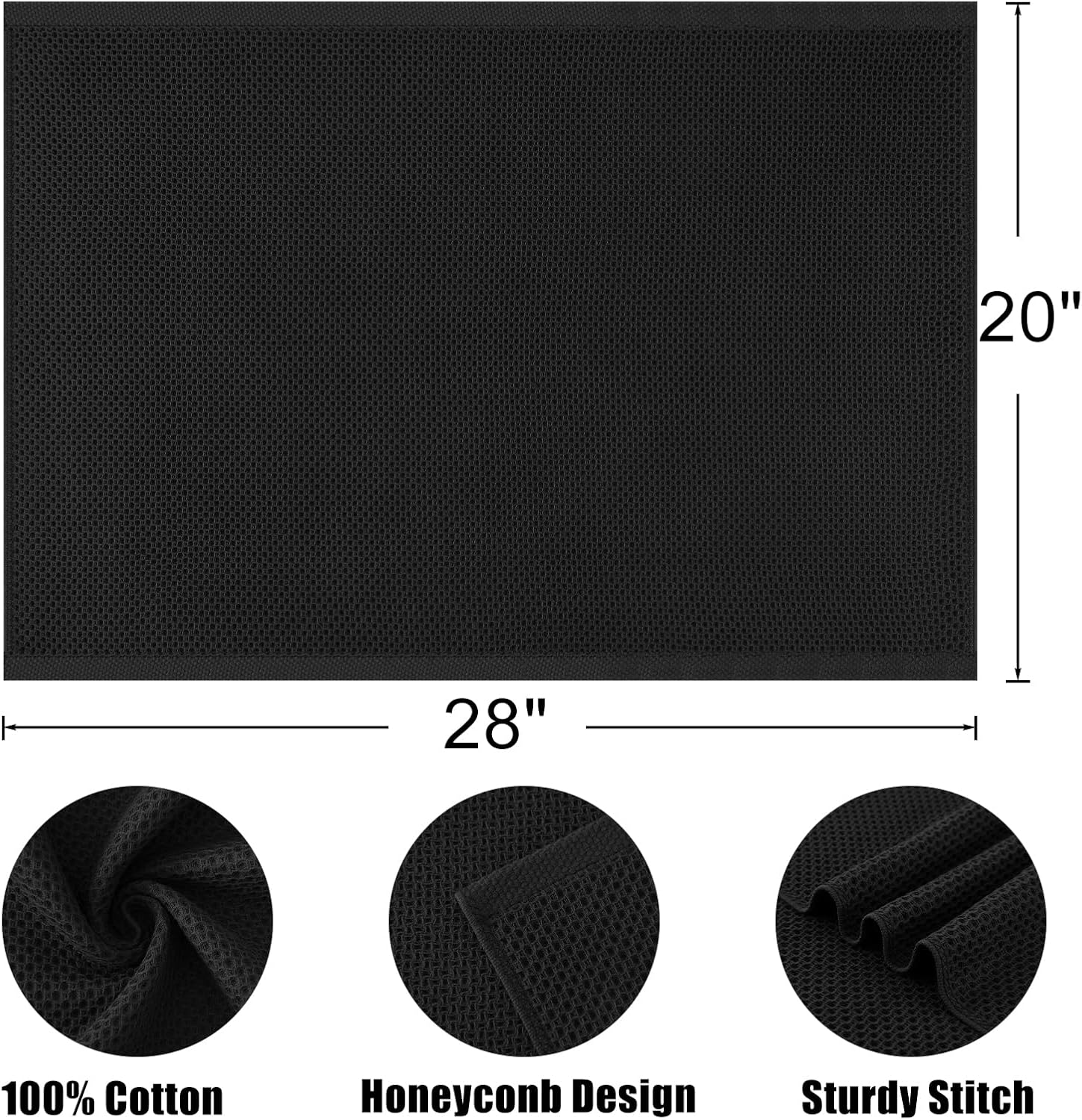 Kitinjoy 100% Cotton Waffle Weave Kitchen Towels, 4-Pack Super Soft and Absorbent Dish Towel for Drying Dishes, Kitchen Hand Towels, 20 in x 28 in, Black