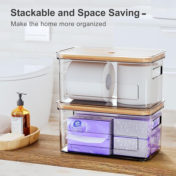 Acrylic Trash Bag Holder, Multi Purposes Clear Organizers and Storage with Bamboo Lid, Kitchen Paper Holder Stackable Toilet Tissue Storage