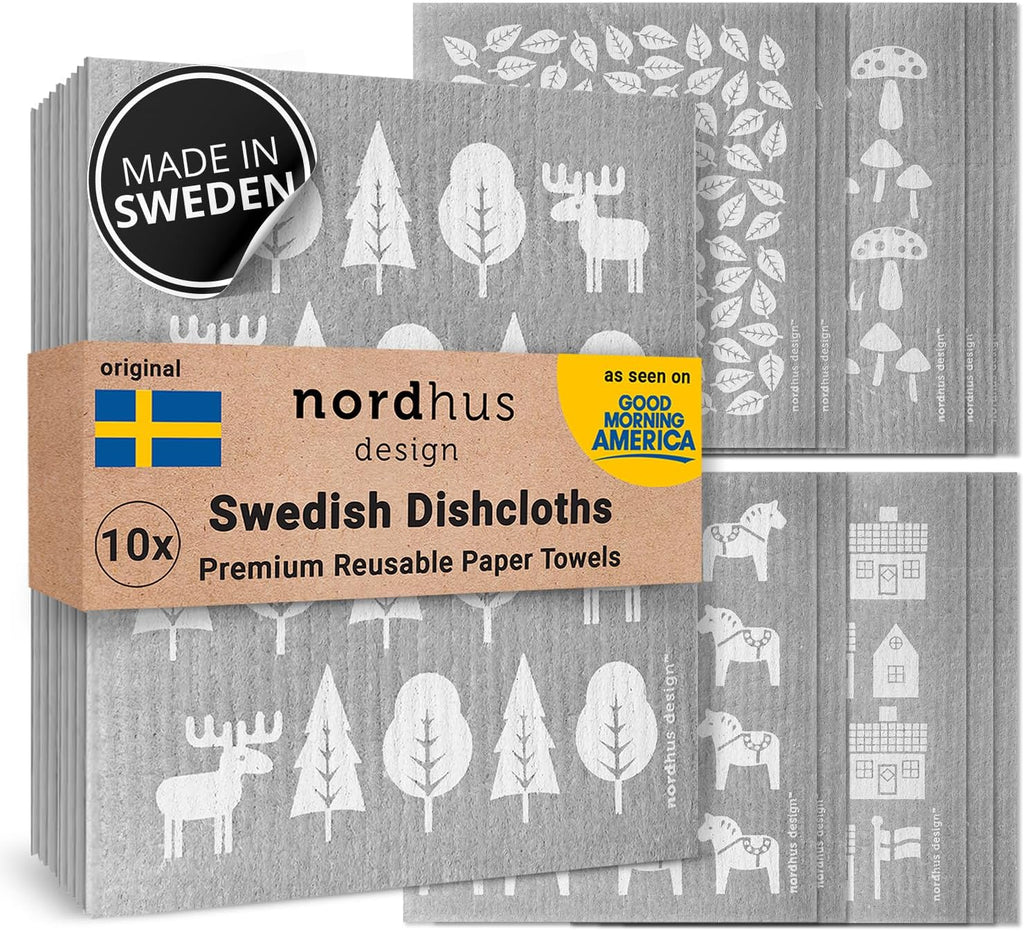 Nordhus Design Swedish Dishcloths,10 Grey Cloths, Made in Sweden - Reusable, Washable Cellulose Cotton Kitchen Cloths - Replace Paper Towels, Wipes, Sponges, Dish Rags