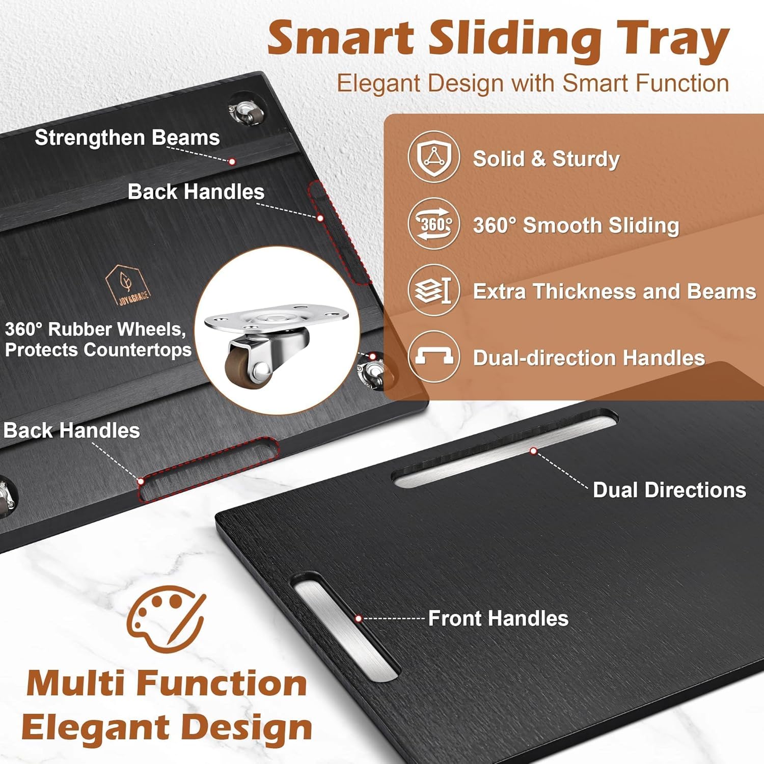 Joy&Grace Appliance Slider for Kitchen Appliances 360° Rolling Sliding Tray for Coffee Maker Countertop, Bamboo Coffee Pot Slider Rolling Tray (Black, Medium 14.5" x 10")