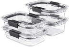 Rubbermaid Brilliance Glass Food Storage set of 4 containers 8 total pieces (4 containers + 4 lids) for Lunch Meal Prep and Leftovers Dishwasher and Oven Safe Clear/Grey