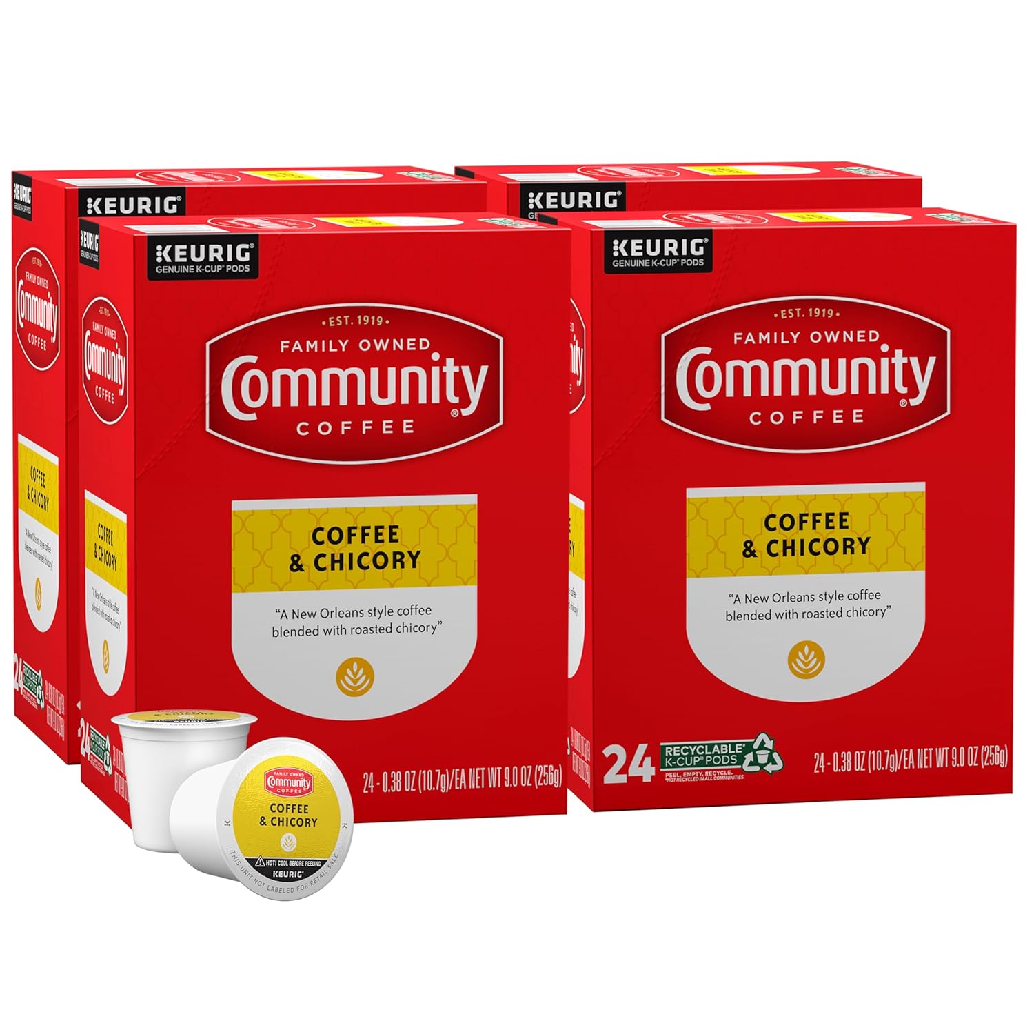 Community Coffee Coffee & Chicory 96 Count Coffee Pods, Medium-Dark Roast, Compatible with Keurig 2.0 K-Cup Brewers 24 Count (Pack of 4)