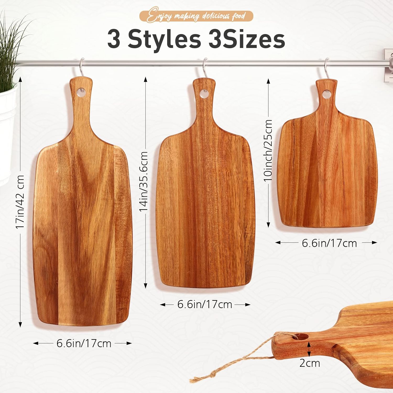 Kathfly 3 Pcs Acacia Wood Cutting Board with Handle Wooden Laser Kitchen Serving Charcuterie Board for Vegetables Meat Pizza Cheese Fruit Bread(17x7, 14x7, 10x7 Inch)