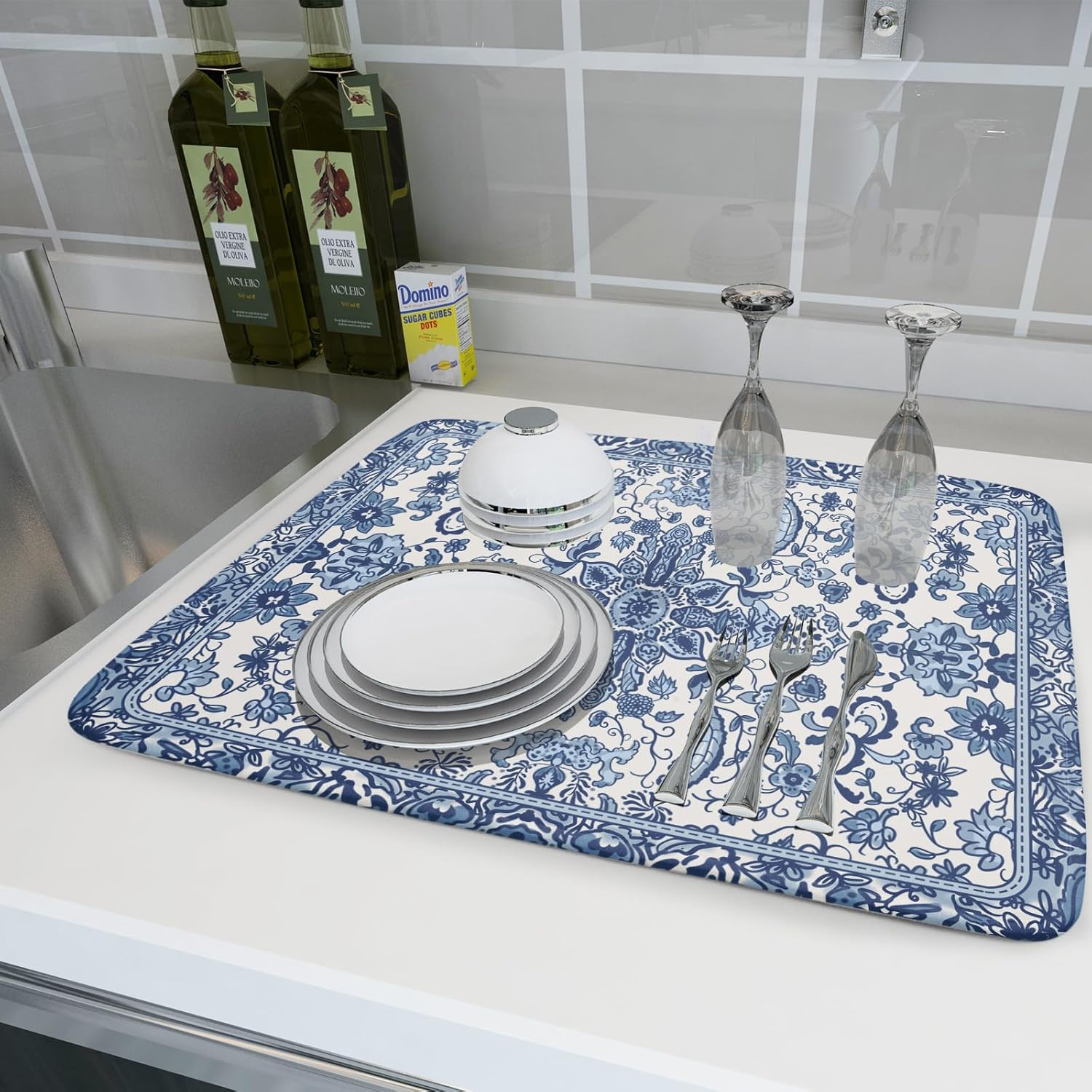 Chinoiserie Floral Dish Drying Mat for Kitchen Counter Blue and White Flowers Pattern Dish Drying Pad 16”x18”Absorbent Reversible Seasonal Decor Dishes Drainer Pad Dish Dry Rack Mat for Counter top