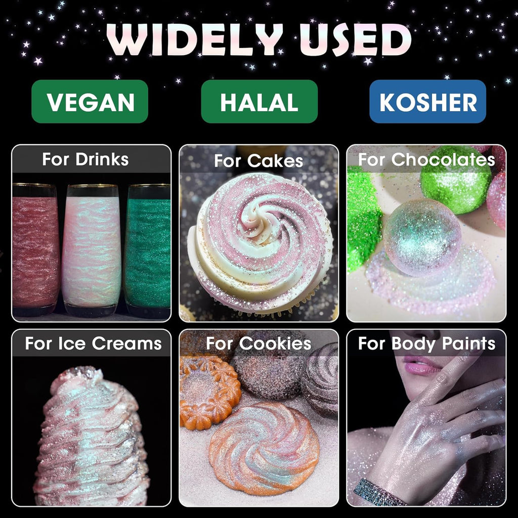 NiHome Edible Food-Grade Glitter Powder Glimmer Luster Dust Metallic Fancy Food Decorating Sprinkle Glimmery Dust for Drink Wine Beverage Cake Bakery Vegan Allergen-Free (Iridescent, 0.35oz/10g)