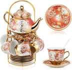 Zhehao 20 Pcs Porcelain Tea Set with Metal Holder and Spoon Adult Ceramic Tea Party Set European Flower Painting Teapot Cup Saucer Spoon Set for Women, Large Version(Noble Style)