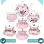 BTaT- Floral Tea Sets for Adults, 13 pcs, Service for 4, Pot (38 oz) & Cups (8 oz) with Saucers, Pastel Pink Floral Design with Gift Box, Porcelain Tea Set for Adult, Dishwasher Safe