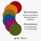 Graf Lantz - Bierfilzl Merino Wool Round Coasters Set of 6 - Rainbow (4" Circles) - Absorbs 30% of Weight - German Wool - Heat Resistant, Sustainable, & Reusable - Home Decor & Coffee Table Decor