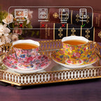 KAMMAK Tea Cups and Saucers Set of 2, Porcelain Coffee Cups with Saucer for Espresso, Cappuccino, 6.3oz Vintage Pink and Yellow Ceramic Demitasse Mug for Home, Tea Party, Office