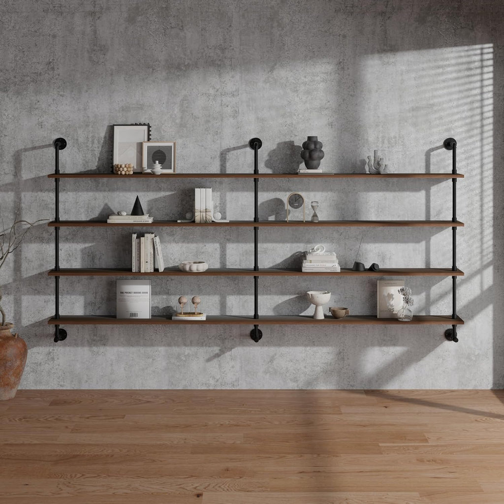 Industrial Pipe Wall Shelves With Real Wood Plank, 70 Inches Floating Shelves for Wall, 4 Tier Farmhouse Book Shelves, Dark Brown for Kitchen, Living Room Decor and Bar
