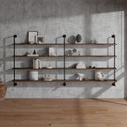 Industrial Pipe Wall Shelves With Real Wood Plank, 70 Inches Floating Shelves for Wall, 4 Tier Farmhouse Book Shelves, Dark Brown for Kitchen, Living Room Decor and Bar