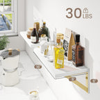 Dreamland Deep Floating Shelves for Wall, 16W x 8D Wall Mounted Shelves Set of 2, Floating Shelves Bedroom with Sturdy Metal Brackets for Living Room, Bathroom and Kitchen, White with Gold Brackets