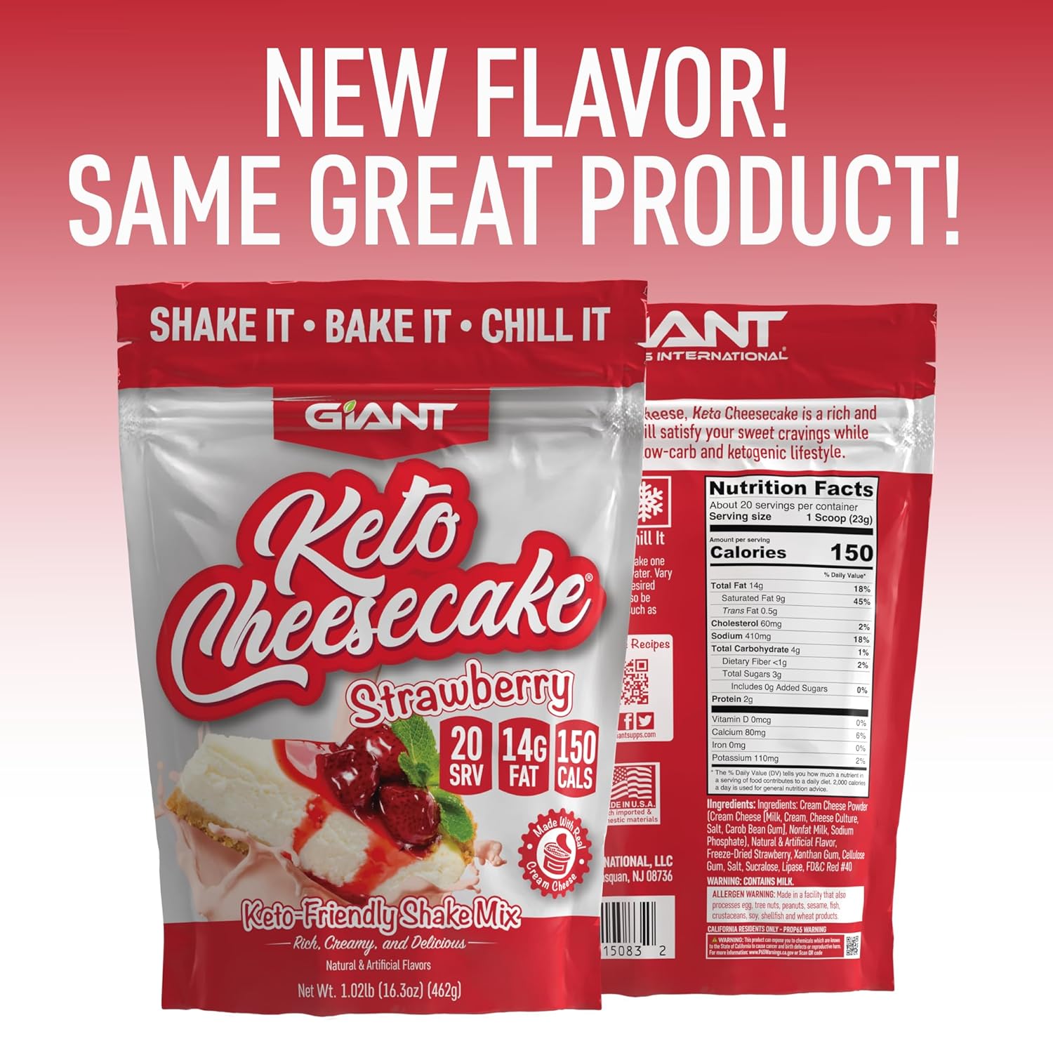 Giant Sports Keto Cheesecake Shake Mix - Delicious Low Carb, Ketogenic Diet Gluten Free Powder Mix - Works Great with Almond Milk - Strawberry (20 Serving Bag)