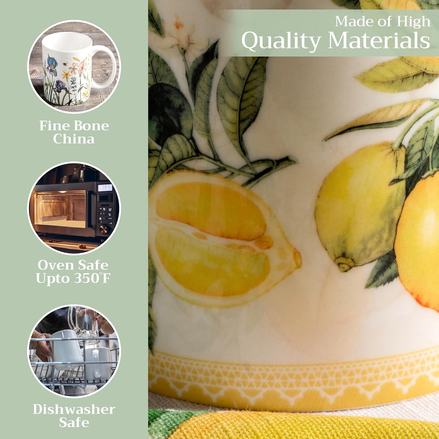 Maison d' Hermine Coffee Mug with Handles Fine Bone China Mugs Pack of One Tea Cups for Hot Beverages Cappuccino Latte Home Restaurant Office Perfect for Gift (Limoncello - Verna, 12 Ounce)