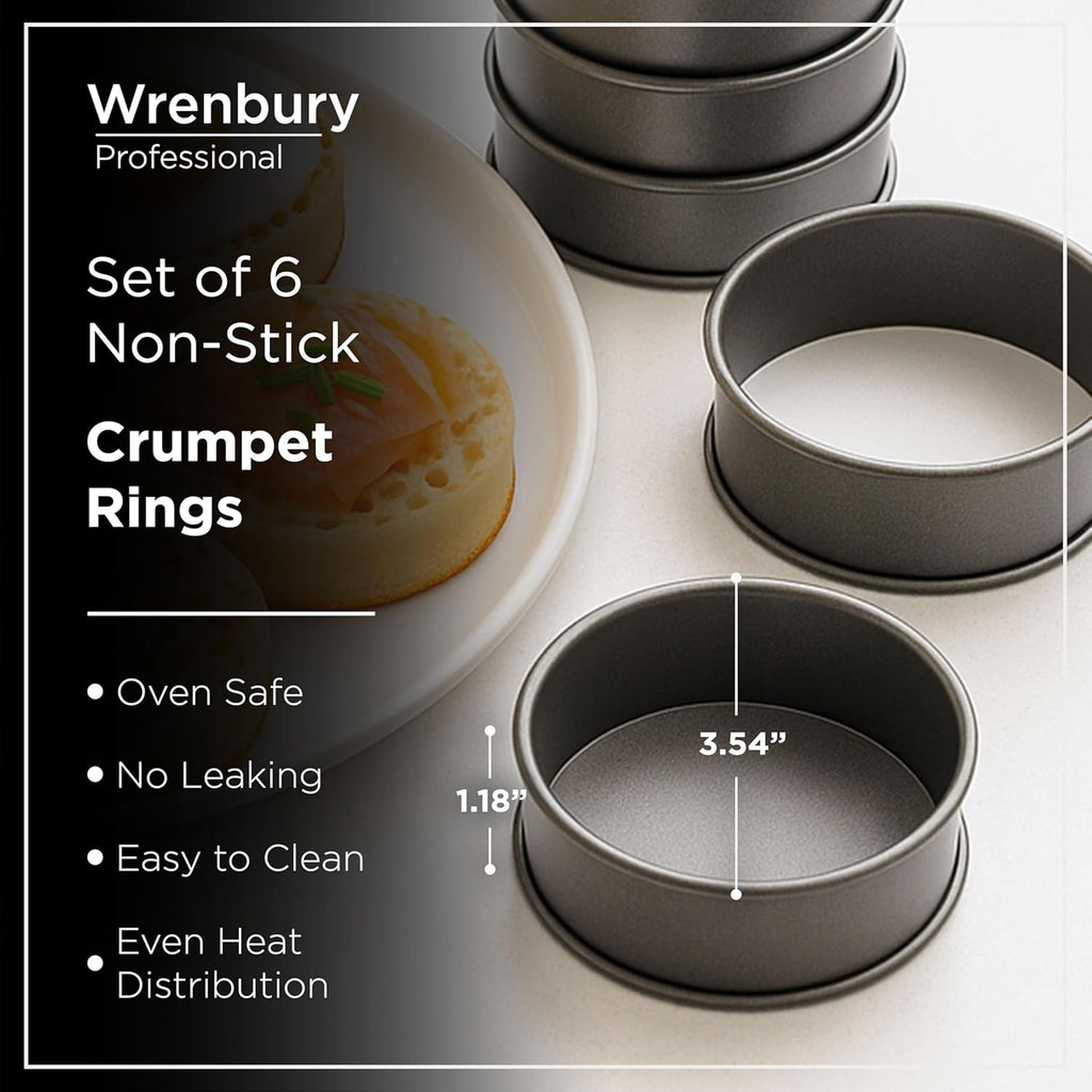 Wrenbury Crumpet Rings Nonstick 3.5 inch - English Muffin Rings - Set of 6 Food Ring Molds for Cooking – Metal Baking Egg Ring Set - Made in England