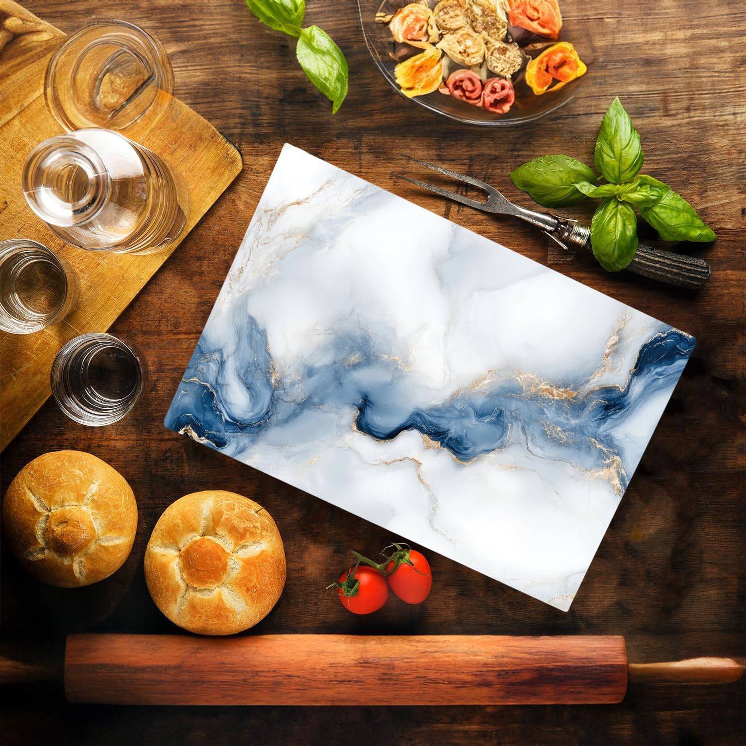 White Blue Cloudy Agate Marble Kitchen Glass Cutting Board Ocean Decorative Gift Marbled Granite Stone Rock Gift For Her Mom Wife (Agate)