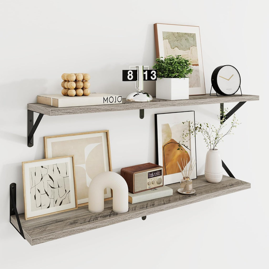 Dreamland Grey Floating Shelf 36 inch, 36W x 8D Wall Mounted Shelves Set of 2, Wide Display Ledge Shelf with Sturdy Metal Brackets for Living Room, Bathroom, Bedroom and Kitchen